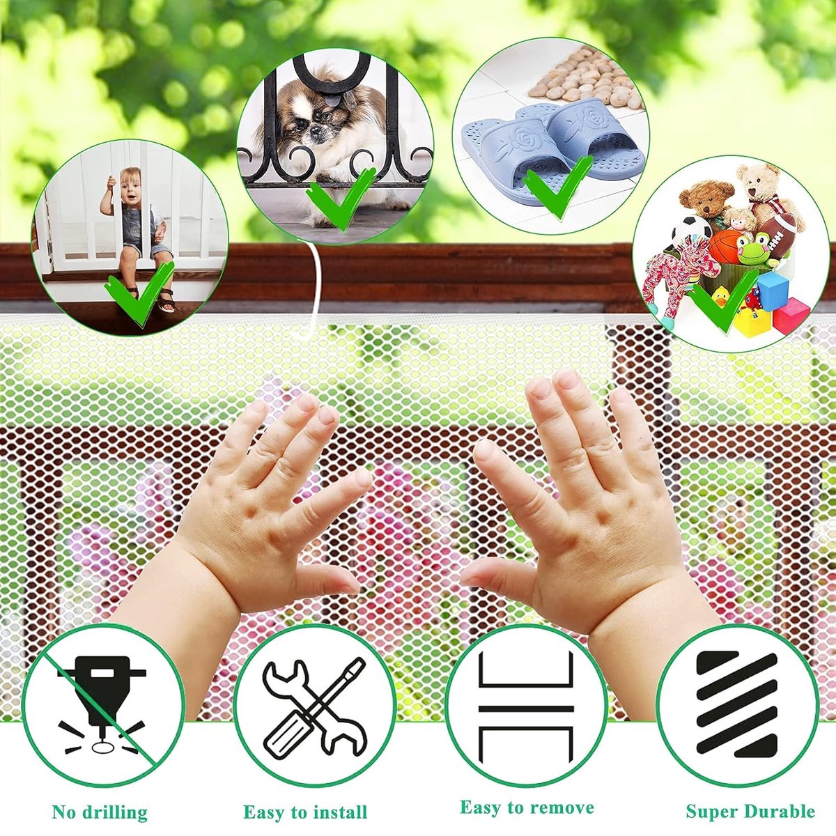 Child safety net - Safety gate - 300x79 cm - stair mesh - Safety net - white - Roll-up - Baby safety - Adjustable - for stair railings, balcony beds, railings