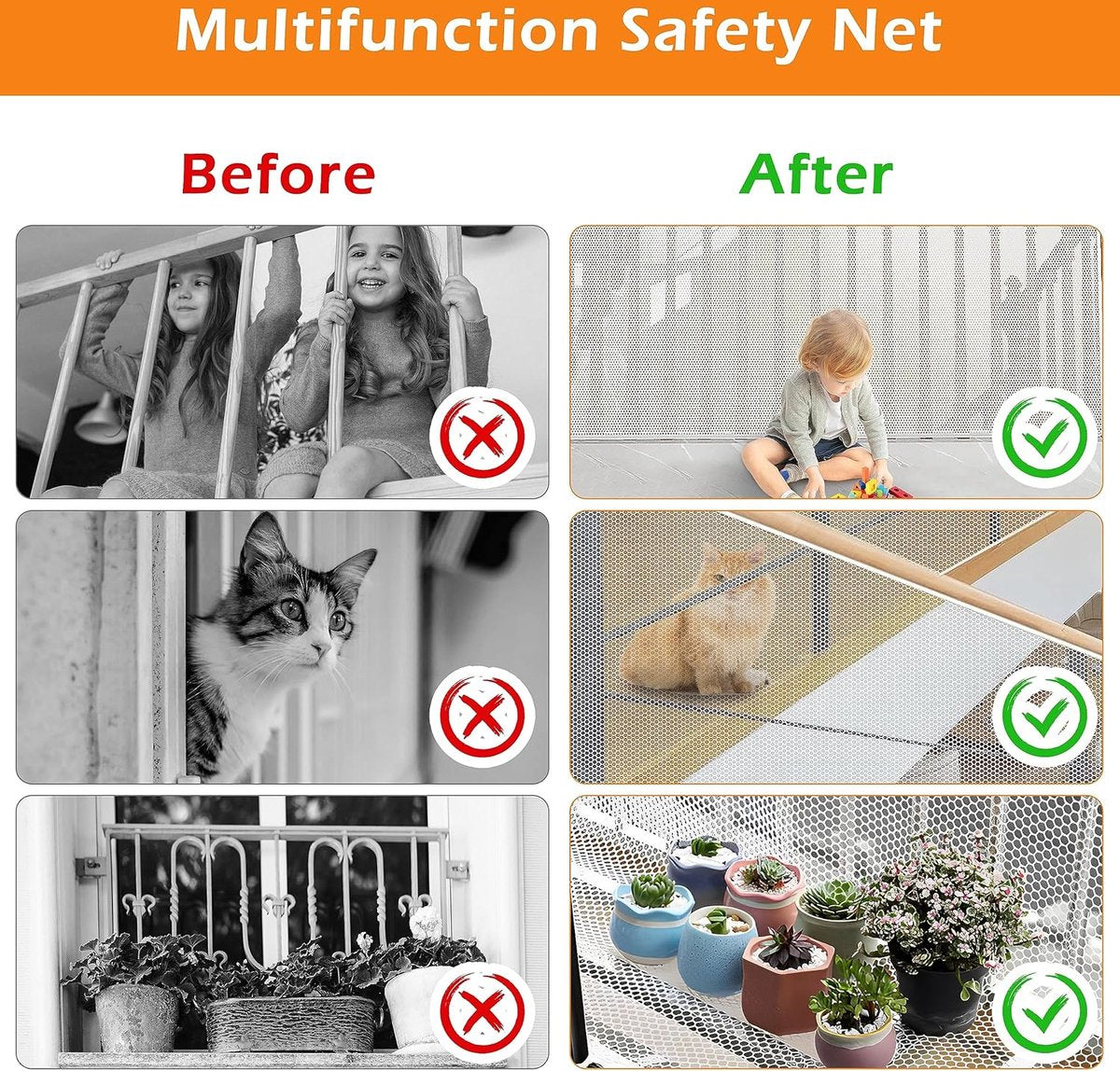 Child safety net - Safety gate - 300x79 cm - stair mesh - Safety net - white - Roll-up - Baby safety - Adjustable - for stair railings, balcony beds, railings