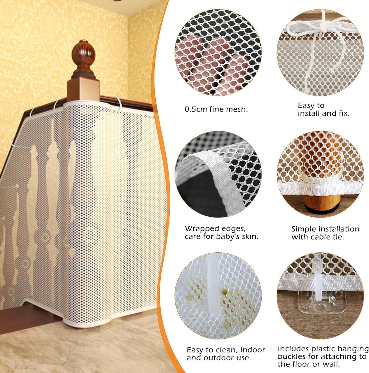 Safety Net - Baby and Animal Safety Gate - 600 x 79 cm - Robust - Adjustable - Baby Safety - Retractable Safety Net - Balcony - Stairs - White - Safety Gate - made of mesh for cats and toys