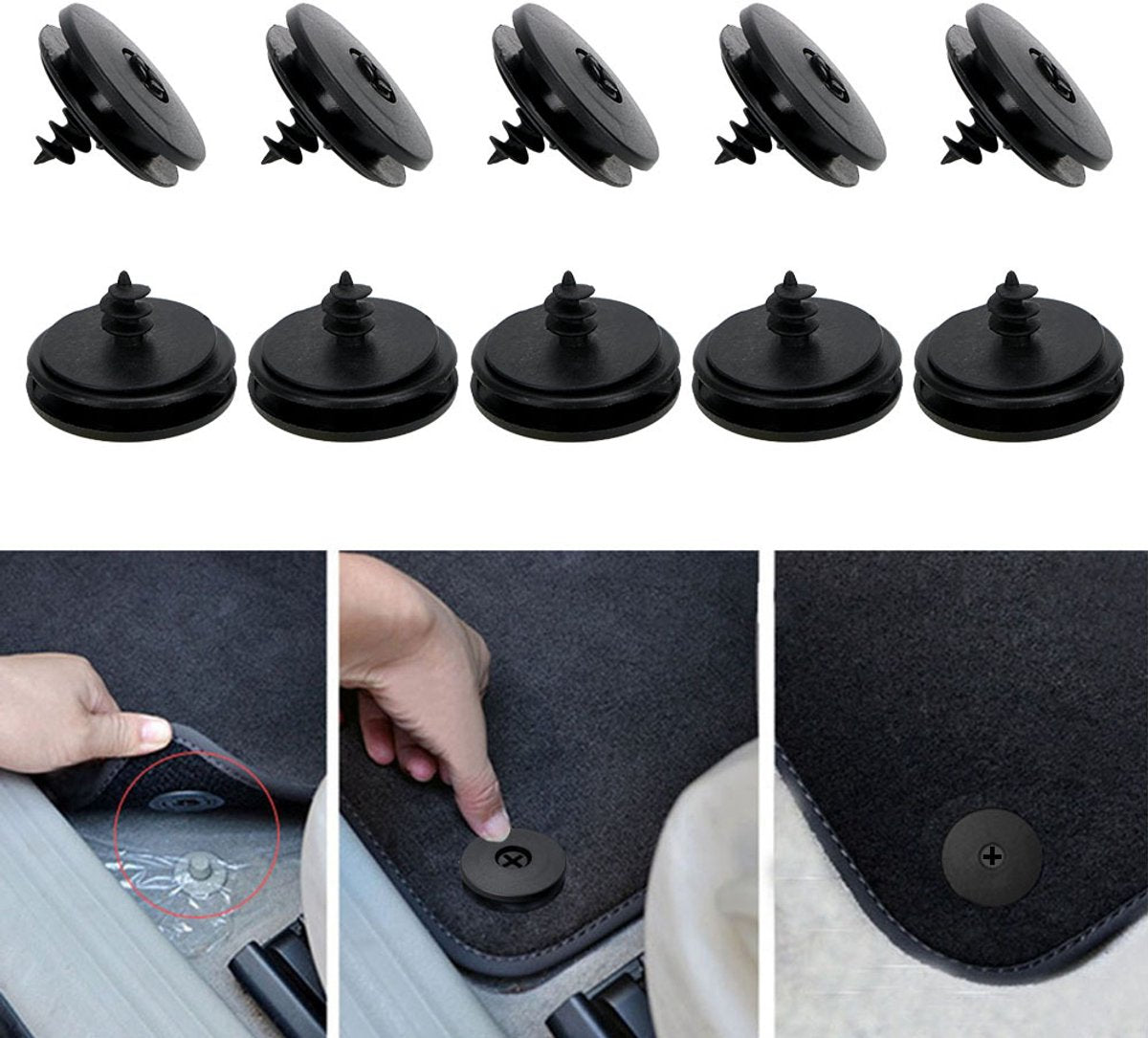 Car Floor Mat Fastening Clips - Pack of 10 - For Attaching Car Anti-Slip Mats - Car Mat Fastening Buckles - Black - Plastic - Universal - 3.55*2 cm - Suitable for Most Car Floor Mats