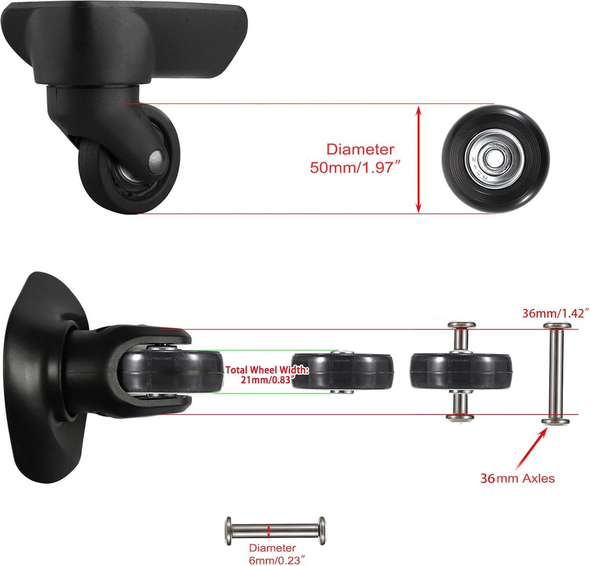 Set of 2 - Suitcase wheels - Replacement wheels for suitcases - Rubber casters - Bearings - Repair kits - 50mm x 18mm - Spare wheels - Suitcase - Casters - Luggage wheels - With screws - Wheels - Caster wheel - Suitcase wheels replacement set