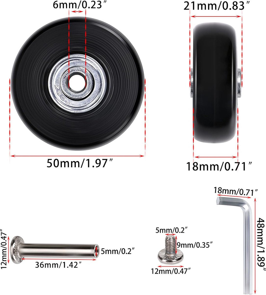 Set of 2 - Suitcase wheels - Replacement wheels for suitcases - Rubber casters - Bearings - Repair kits - 50mm x 18mm - Spare wheels - Suitcase - Casters - Luggage wheels - With screws - Wheels - Caster wheel - Suitcase wheels replacement set