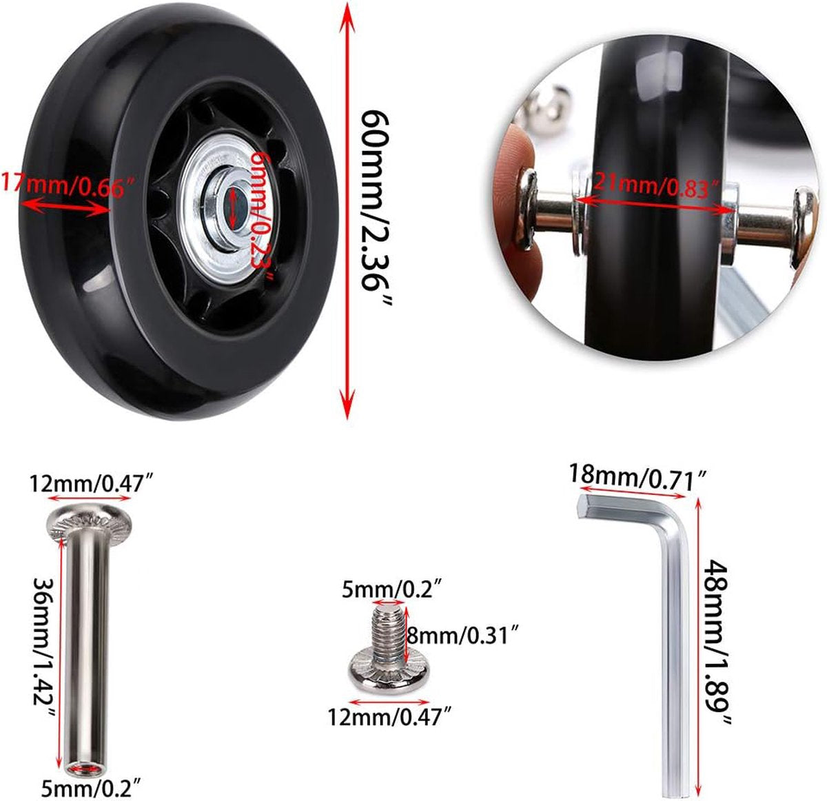 Set of 2 - Suitcase wheels - Replacement wheels for suitcases - Rubber casters - Bearings - Repair kits - 60mm x 18mm - Spare wheels - Suitcase - Casters - Luggage wheels - With screws - Wheels - Caster wheel - Suitcase wheels replacement set