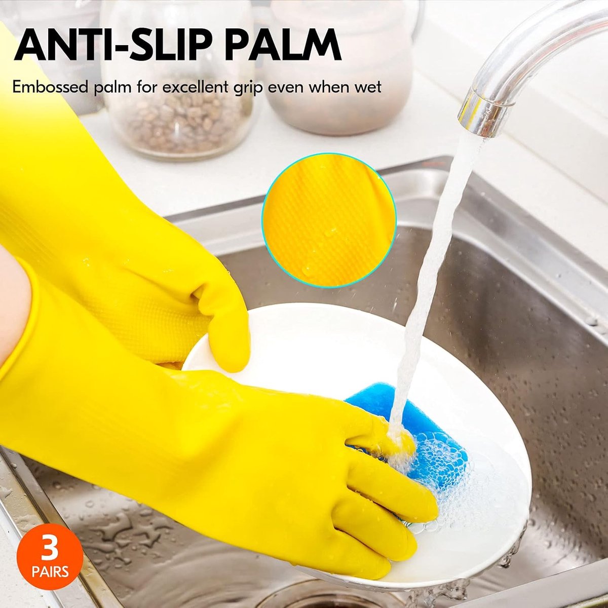 Cleaning gloves - size S - 3 pairs - waterproof rubber gloves - Household gloves - Yellow - Reusable - rubber - dishwashing gloves - Non-slip