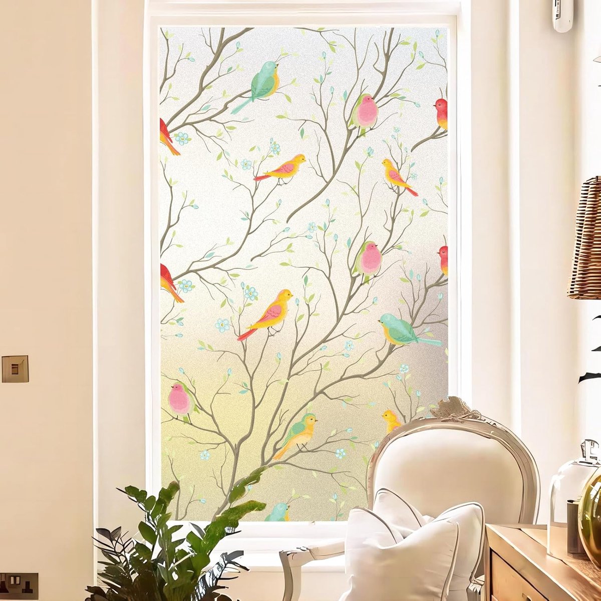 Window film - Glue-free adhesive film for windows and bathrooms - 30cm*1m - PVC - Static - Easy installation - Colorful - Branches and birds