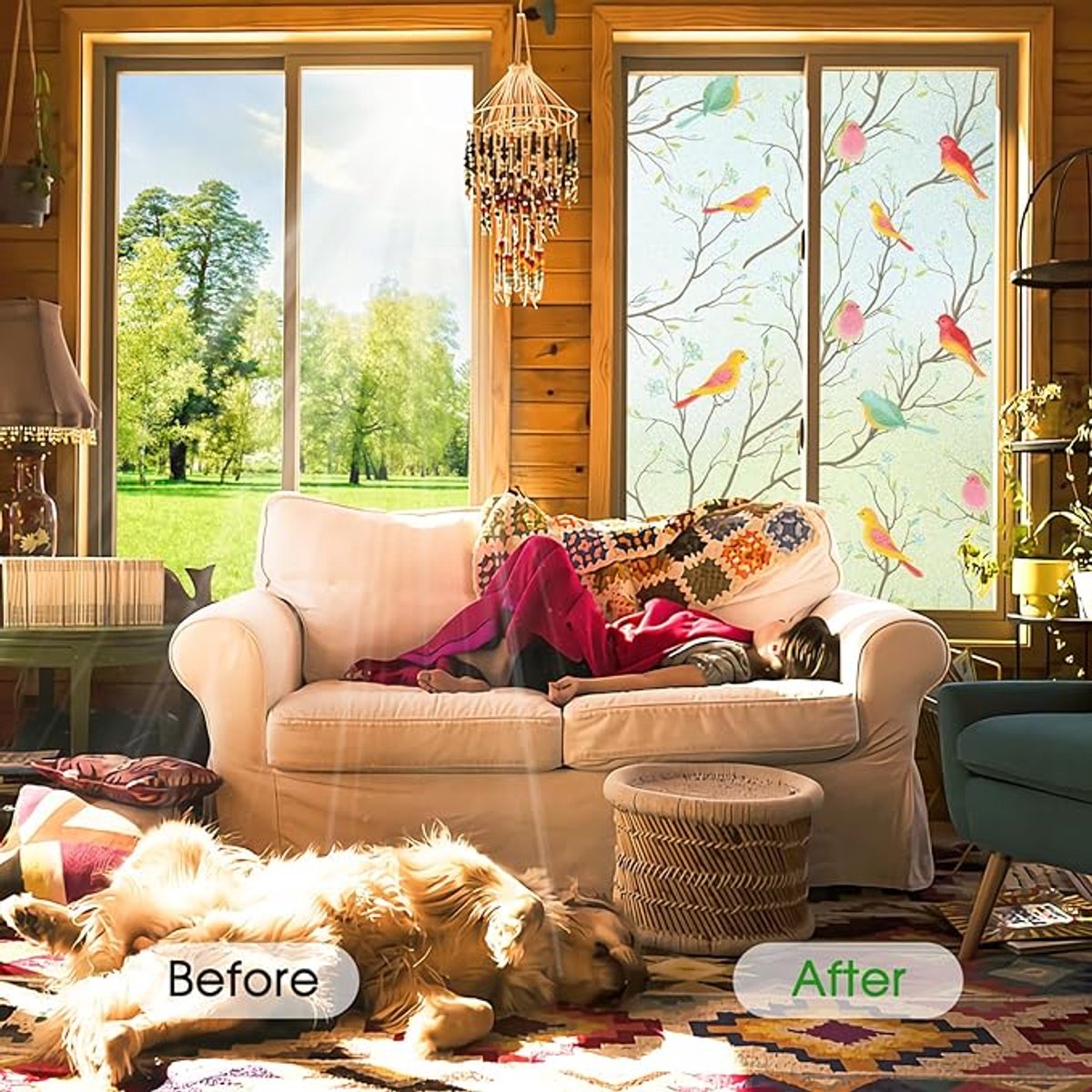 Window film - Glue-free adhesive film for windows and bathrooms - 30cm*1m - PVC - Static - Easy installation - Colorful - Branches and birds