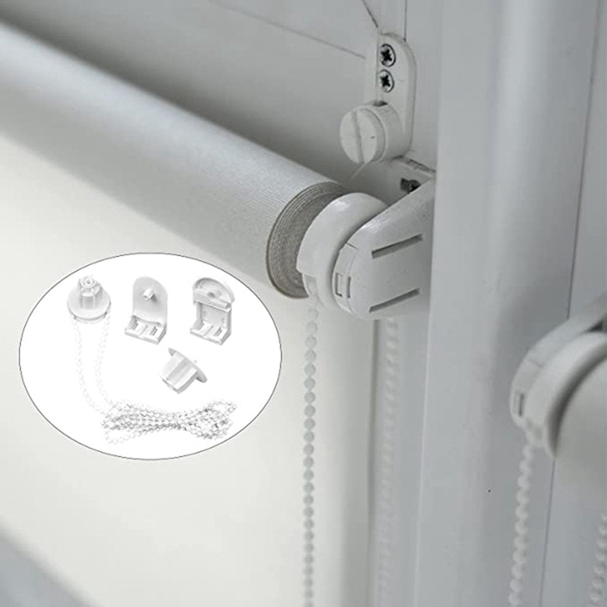 Roller Blind System with Wall Brackets - 25 mm - Roller Blind Fittings - Plastic - With 3M Bead Chain - Replacement Repair Kit for Roller Blinds - Curtain Parts - White - Suitable for Window Blinds