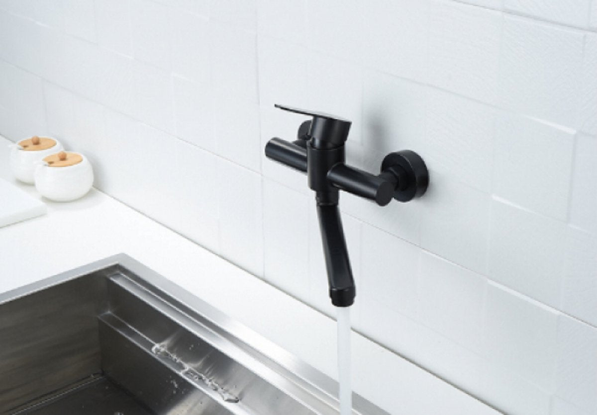 Bath faucet - Kitchen faucet - Washbasin faucet - Stainless steel - Black - 26*11 cm - Wall installation - Wall mounted - Swivel spout - Single lever