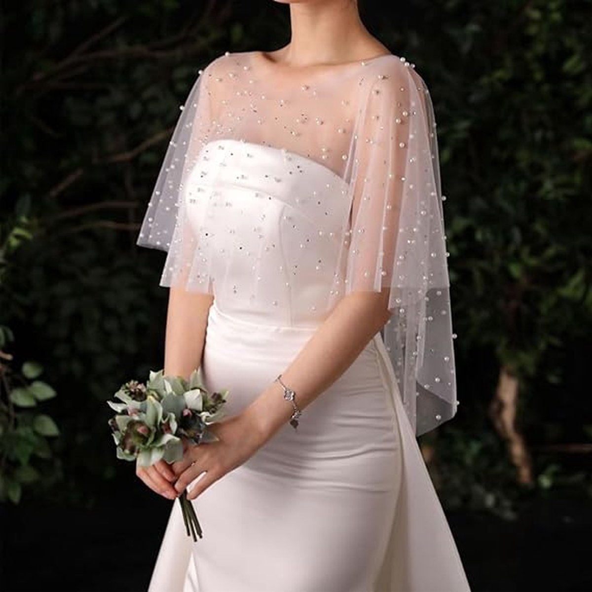 Poncho - Cape - Stole - Shawl - Artificial Pearl Capelet - Chiffon - Wedding - Party - Bride - Gala - Evening Dress - for Shoulder width less than 45 cm