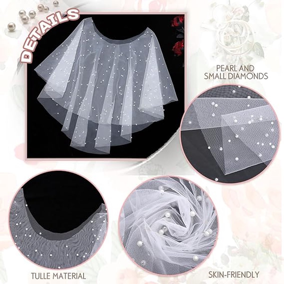 Poncho - Cape - Stole - Shawl - Artificial Pearl Capelet - Chiffon - Wedding - Party - Bride - Gala - Evening Dress - for Shoulder width less than 45 cm