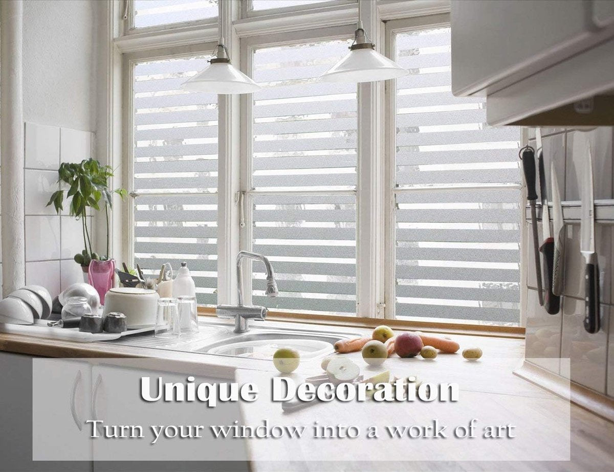 Window film - Easy installation - Glue-free adhesive film for windows and bathrooms - Static - 45cm*4M - 1/2 matte stripes - PVC - Translucent
