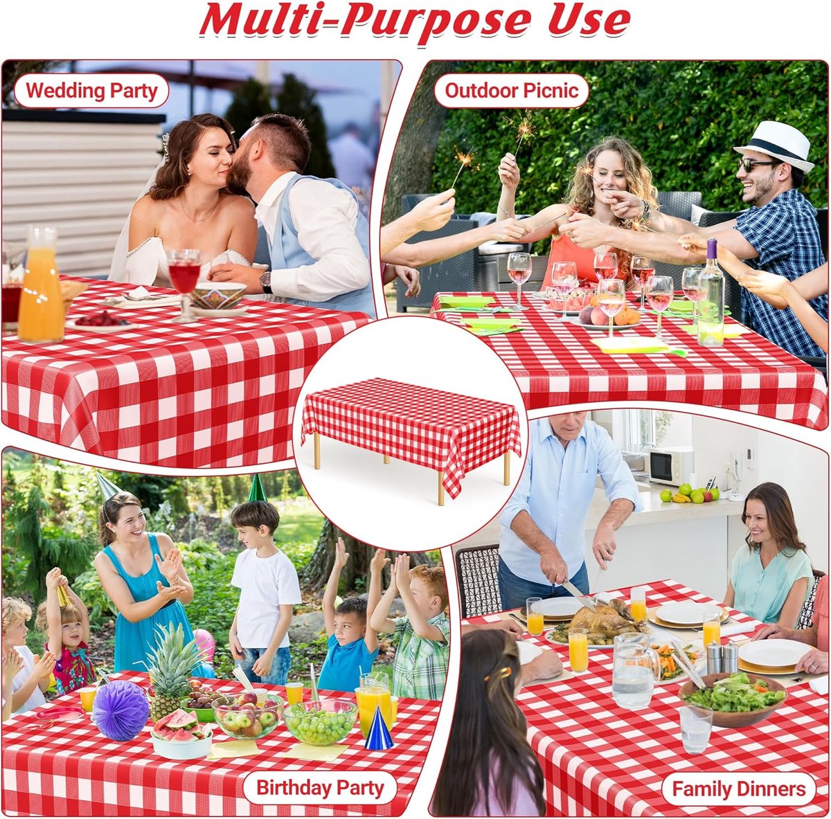 Tablecloths - Tablecloth - PEVA - Rectangular tablecloth - Water-repellent - Indoor and outdoor - Picnic tablecloth - Red checked tablecloth - Suitable for picnics, camping and parties - 137 x 274cm - Red