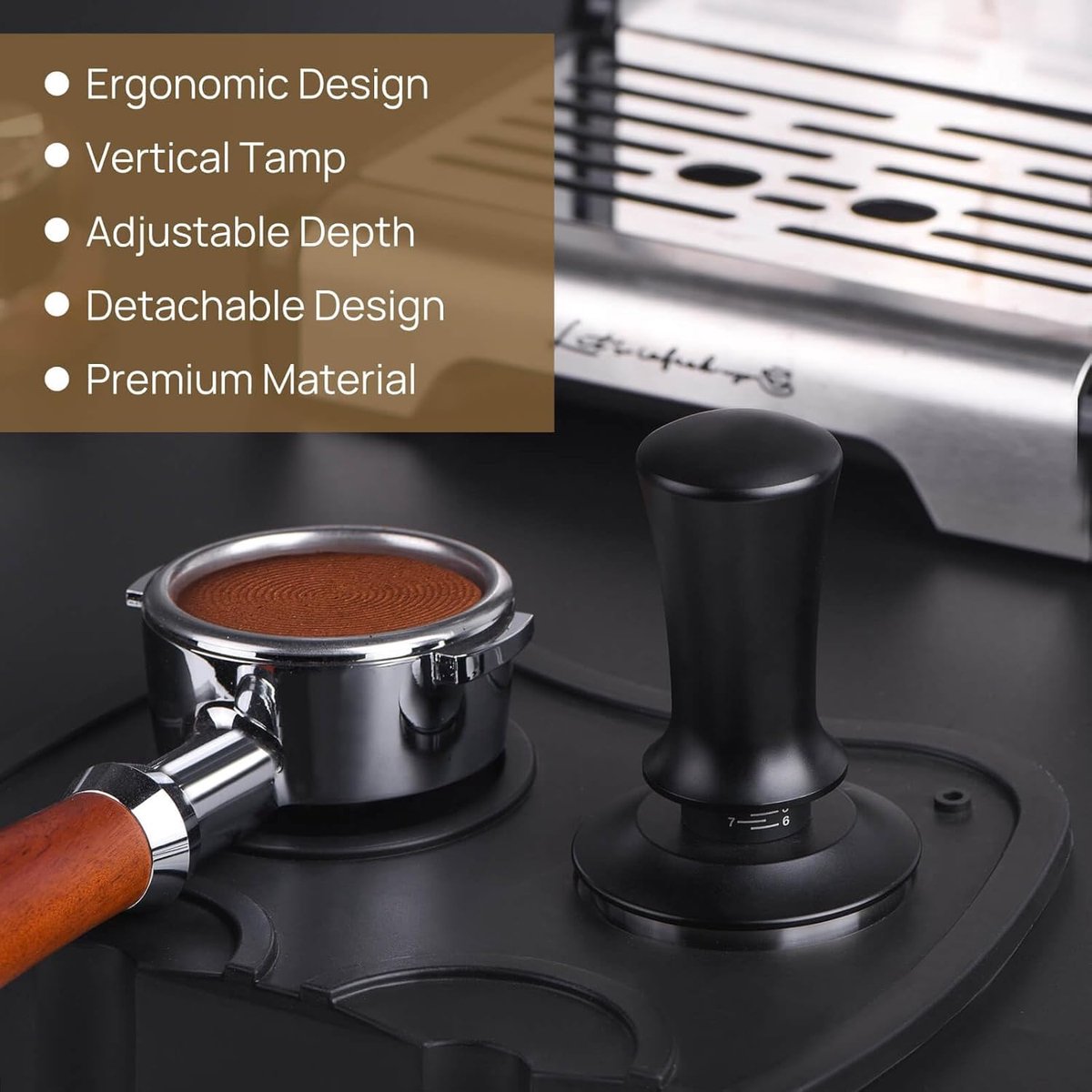 Coffee tamper - Tamper - 51 mm - Coffee press - Espresso tamper - 304 stainless steel - Aluminum handle - Base Ripple - Scale adjustment - For cafes, coffee lovers - Black