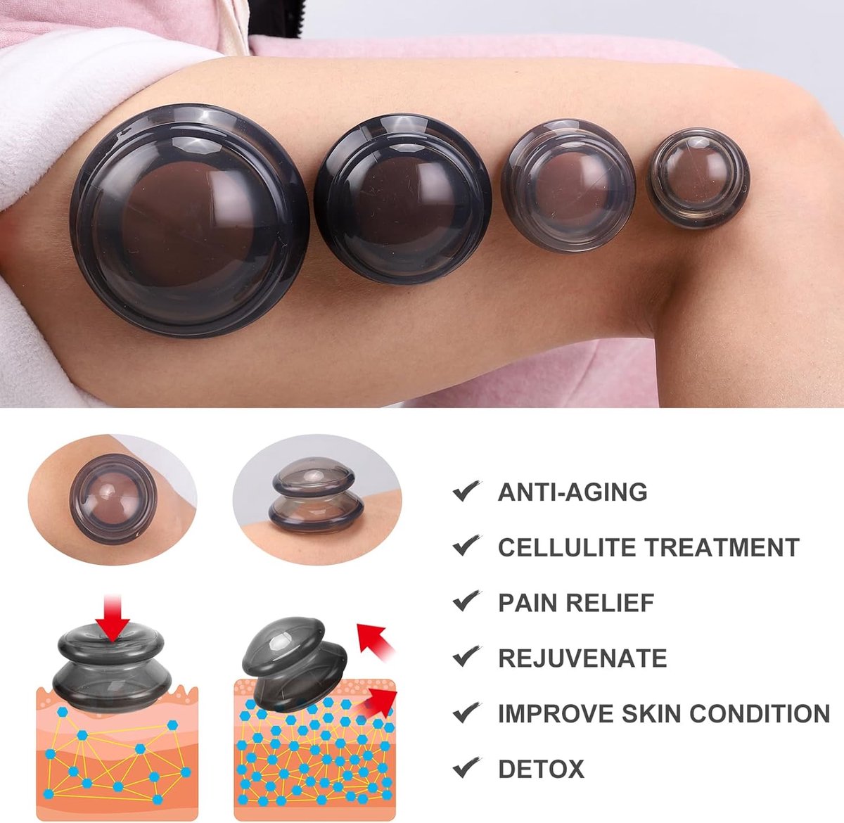 4 pieces silicone cups - Cupping cups - Cupping Set - Cellulite Cups - Cupping For Cellulite - vacuum cup - For reducing cellulite anti-aging relieves pain and joints for buttocks, neck, body - Green