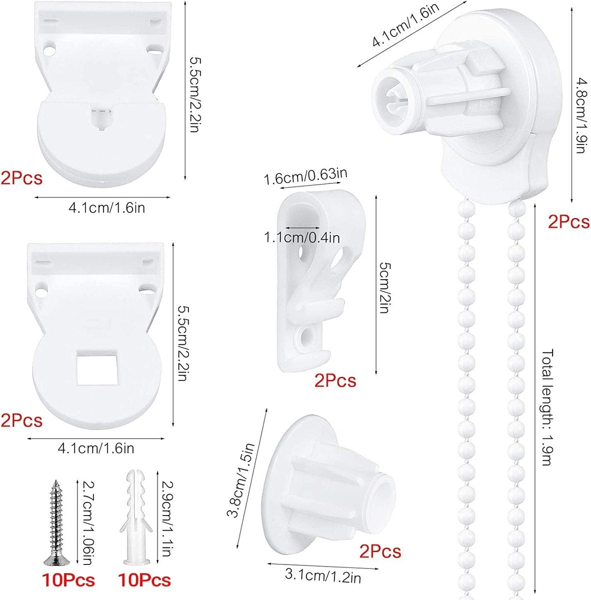 2 set - Roller blind system - roller blind fitting - bead chain - Curtain parts - window decoration accessories - roller blind chain - replacement repair kit for roller blinds - for Ø25 MM roller blind tube - with P-clips and screws - White