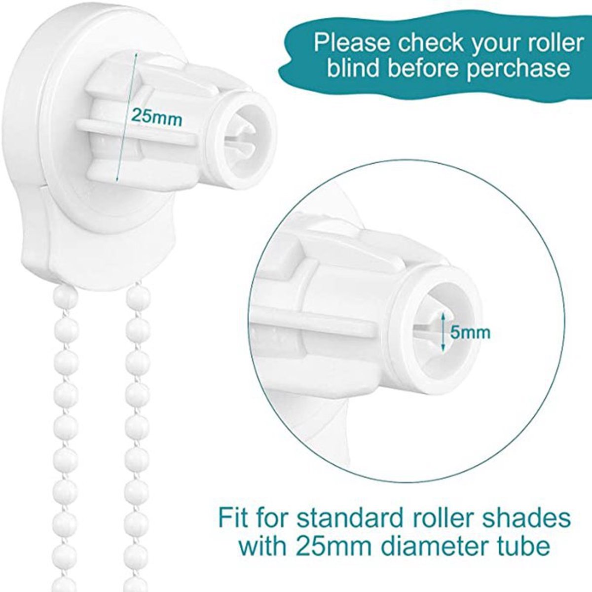 2 set - Roller blind system - roller blind fitting - bead chain - Curtain parts - window decoration accessories - roller blind chain - replacement repair kit for roller blinds - for Ø25 MM roller blind tube - with P-clips and screws - White