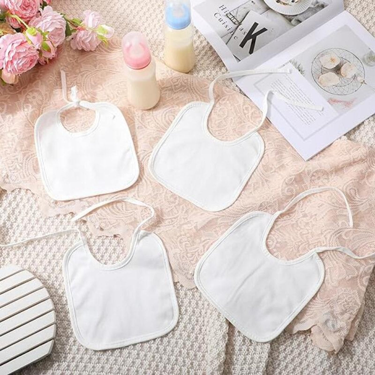 Bibs - Pack of 12 - Large Bibs - Cotton - TPU - With Straps - Waterproof - Baby Bibs for Drool - Drool Cloths for Babies and Children - Suitable for Feeding, Wiping Away Drool and Protecting Clothing - 22 X 18 cm - White