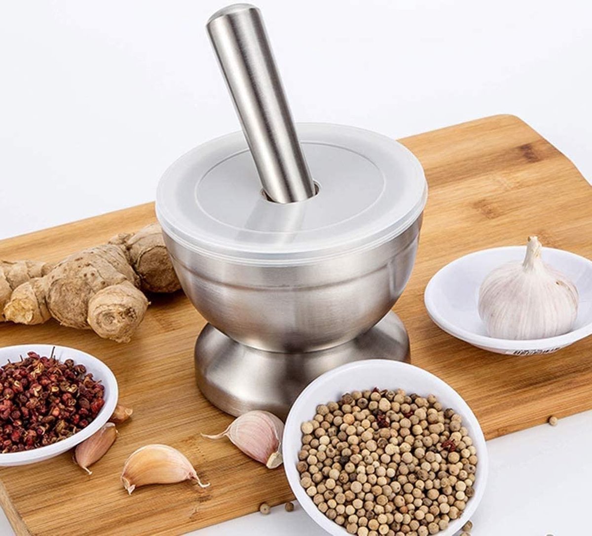 Mortar and Pestle - Stainless Steel Mortar and Pestle, Food Safe Pestle and Mortar Stainless Steel, Diameter 8.5 cm - Herb Grinder - Spice Grinder - With Lid