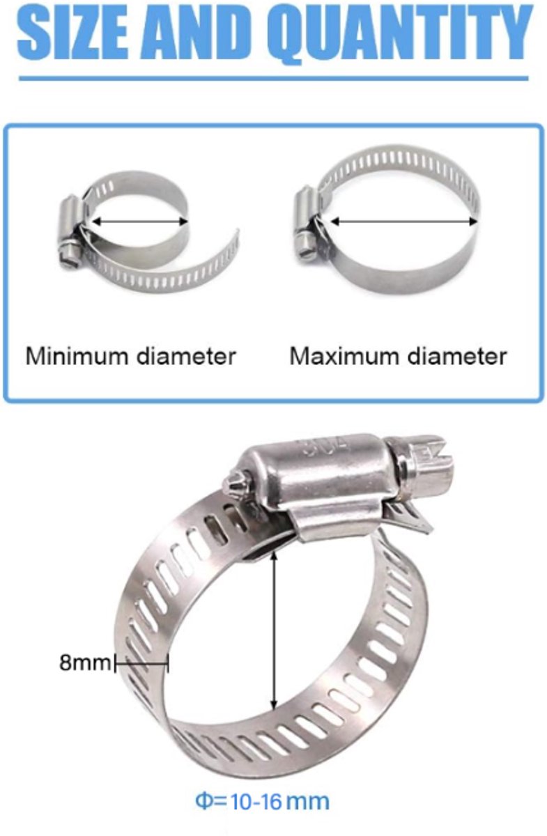 20 pieces - Hose clamp set - hose clamps - 10-16 mm - Clamp set for the garden hose, drain hose or shower hose - silver - stainless steel