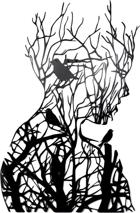 Wall decoration - wall decoration - Wall Art - Line art - wall decoration living room - Tree branch woman silhouette - black and white - Metal - 30*21cm