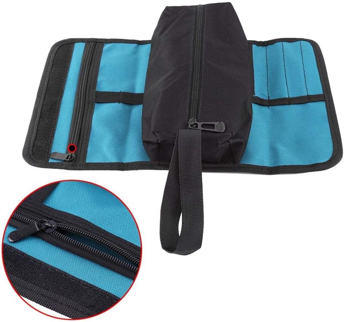 Tool roll - Tool bag - Tool pouch - Cosmetic bag - Storage bag - Tool bags - Universal - 24 x 36 cm - black/blue - Foldable - polyester - Suitable for electricians and technicians - with wrist strap