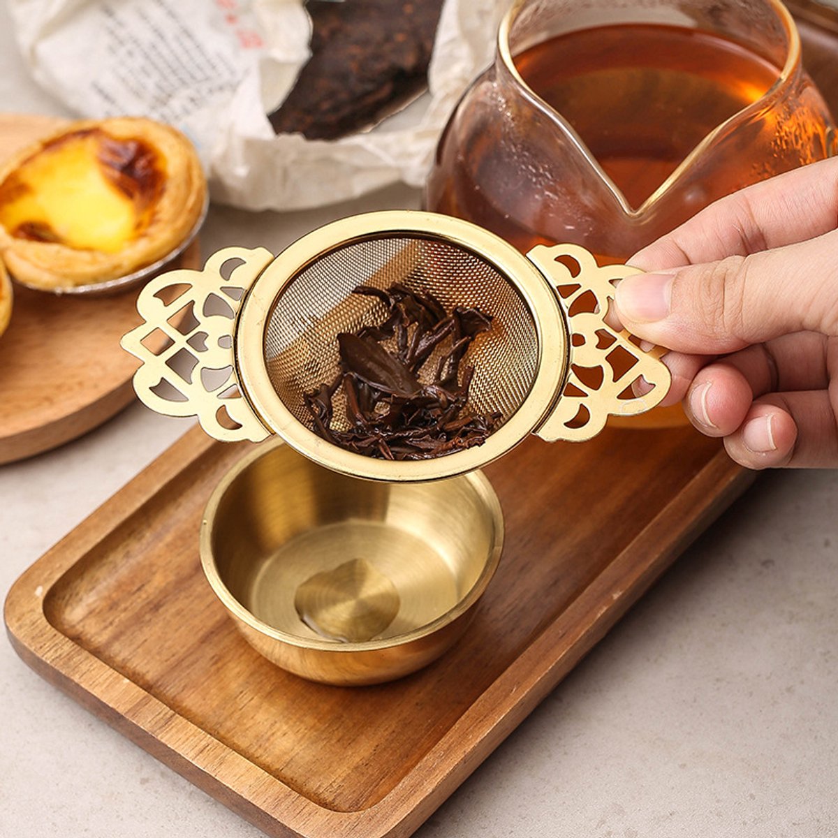 2 pieces - Tea strainer - Tea strainer - With handle and drip plate - gold - Tea filter for loose tea - Tea infuser - Stainless steel tea filter - 11.2*6.5*2.5cm