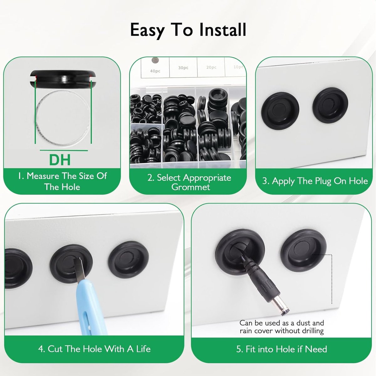Rubber Grommet - Pack of 200 - Black - 7mm/9mm/12mm/16mm/20mm/22mm/25mm - Closed Rubber Grommet - For Wire, Electrical Installation, Cable Protection - Round Rubber Stopper