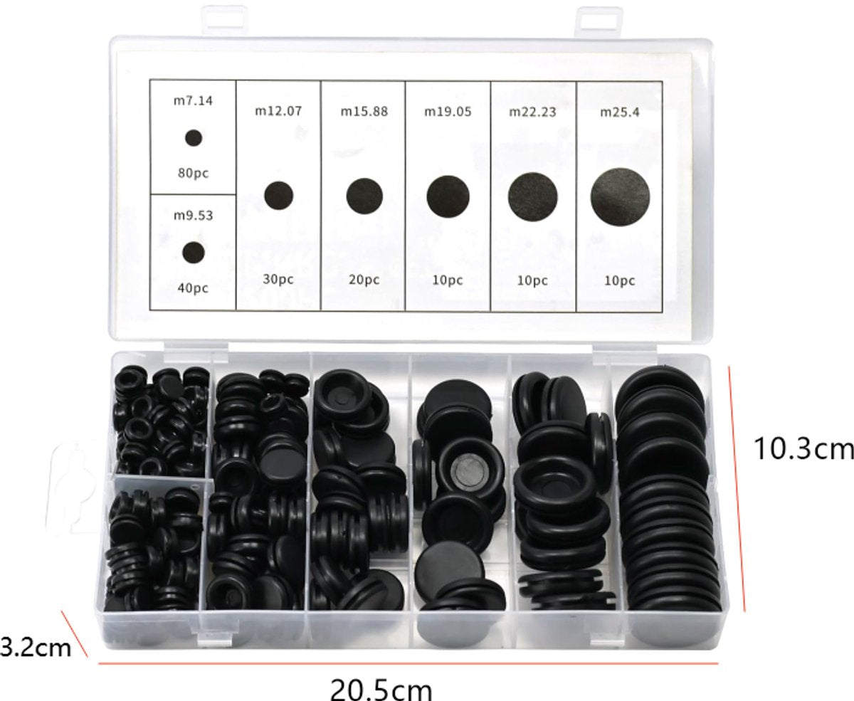 Rubber Grommet - Pack of 200 - Black - 7mm/9mm/12mm/16mm/20mm/22mm/25mm - Closed Rubber Grommet - For Wire, Electrical Installation, Cable Protection - Round Rubber Stopper