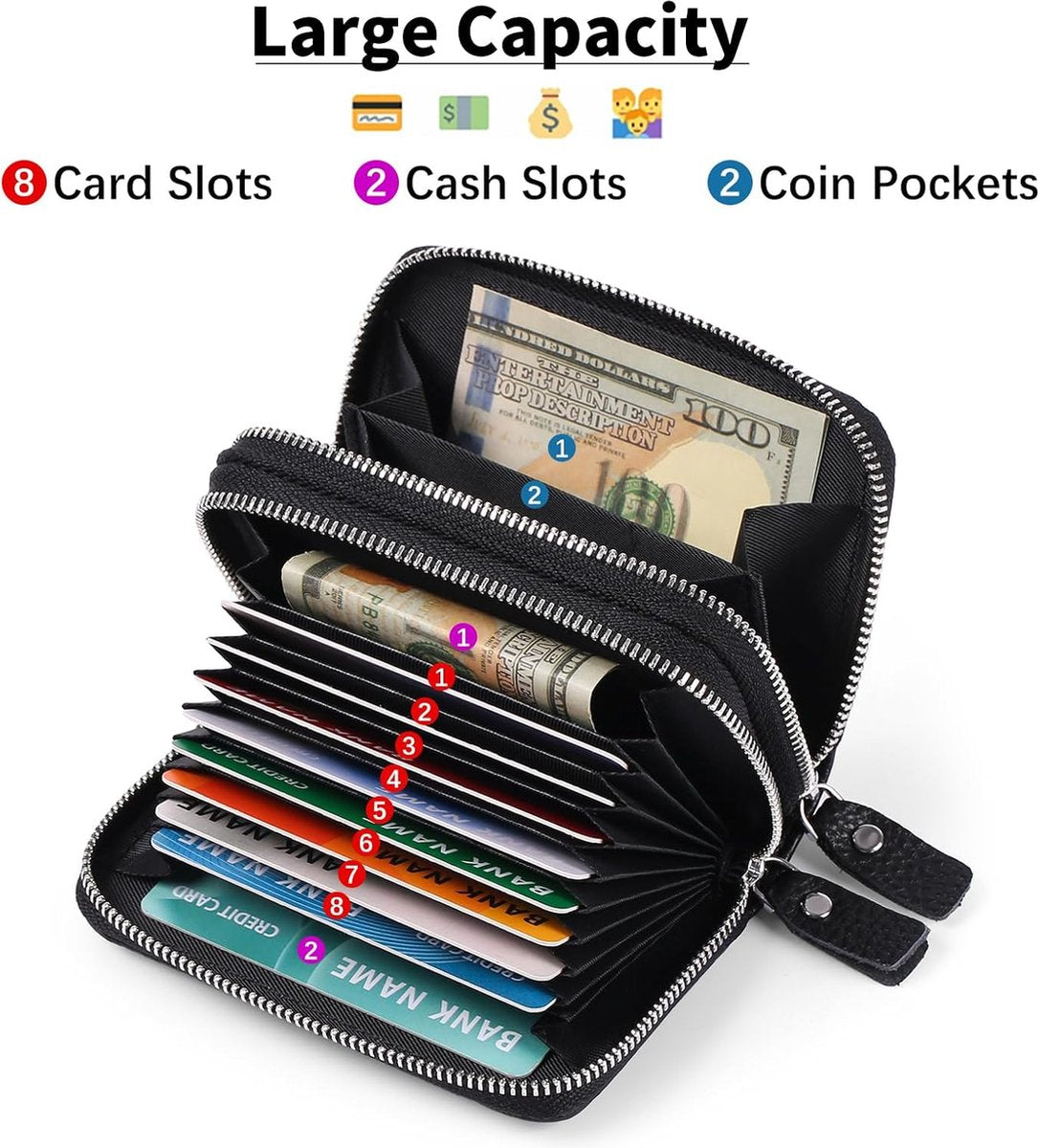 Wallet - RFID Credit Card Holder - Card Holder - Card Holder - 10 Cards with Zipper - Leather - Black - RFID Protection - Gift - 10*8.5*4cm