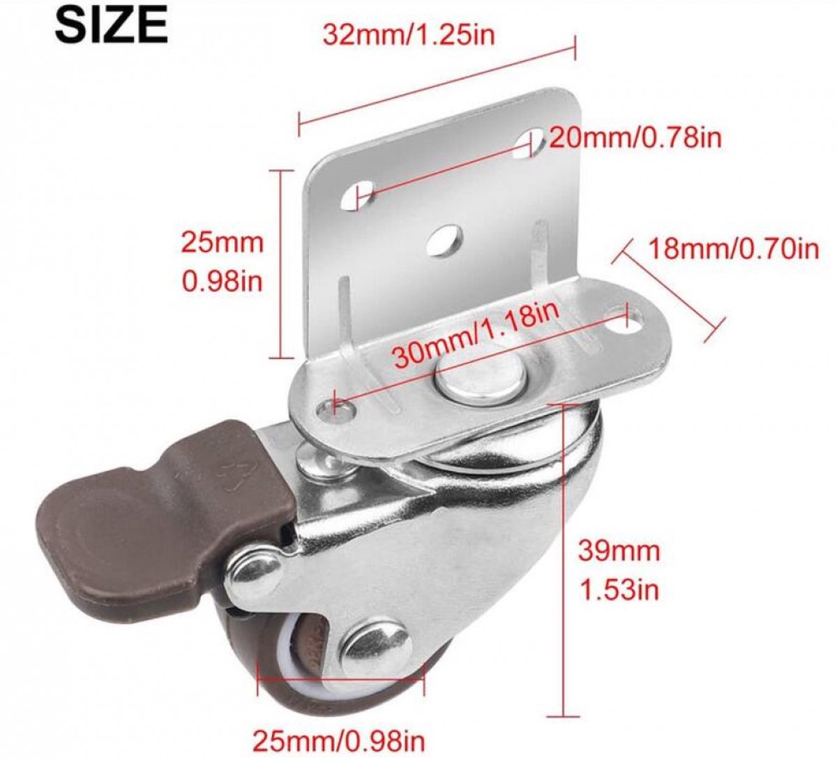 Casters Set of 4 with Brakes - 25mm + Screws TPR Rubber Heavy Duty Wheels 15KG - Furniture Casters for Furniture - Casters for Trolley - Heavy Duty Casters - Rubber Trolley Wheels