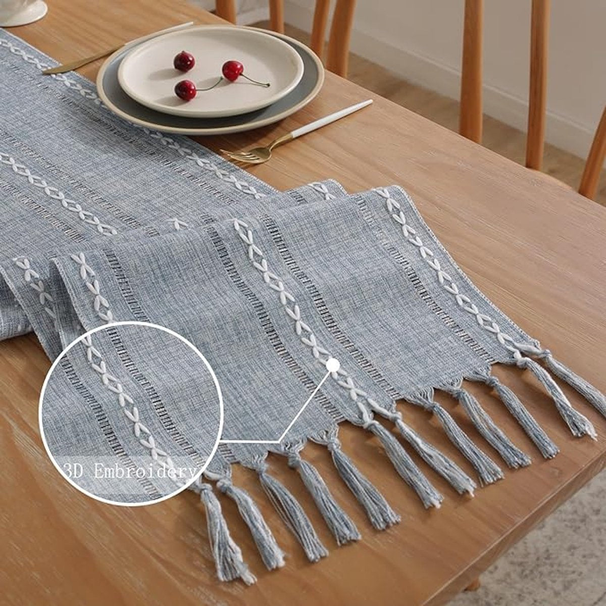 Table Runner - Bohemian Style Table Runner - 33 x 120cm - Blue - Polyester - Rustic Farmhouse Style Table Runner - For Party & Dining Decorations - Boho Tassel Embroidered Table Runners