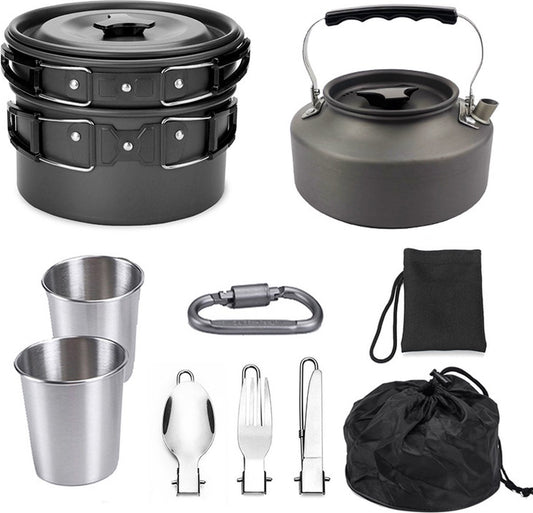 Cookware - 9-piece - for camping, outdoor, hiking, picnic, BBQ, foldable camping pans - safe and BPA - Suitable for 2-3 people camping pan set