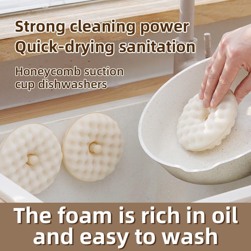 Double-sided dishwashing brush - Sponge brush with suction cup - 1 base + 2 refillable sponges - Scratch-free kitchen brush - Beige