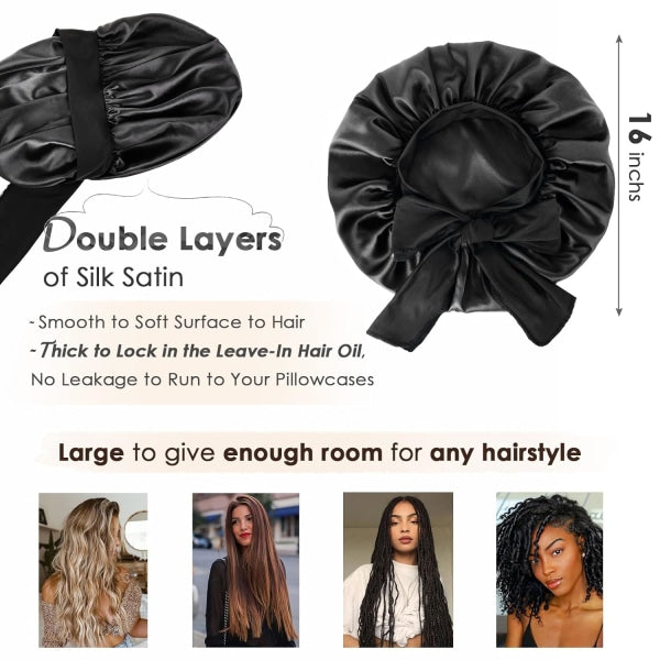 Satin Cap Silk Cap For Sleeping Double Layer Satin Lined Hair Cap With Ribbon Bonnet For Women Naturally Curly Hair Black black