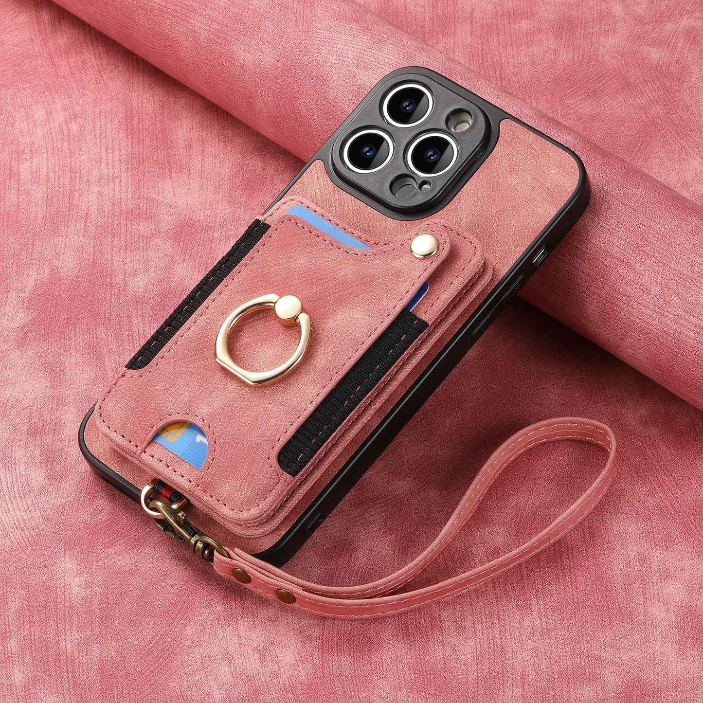 Suitable for iPhone mobile phone leather case RFID anti-theft brush ring buckle lanyard multifunctional card case Light Purple [With Leather Strap] Light Purple [With Leather Lanyard]] iPhone 15