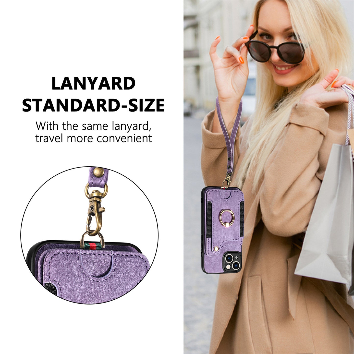 iPhone 11 Compatible Leather Case with RFID Blocking Multi-Functional Card Holder Lanyard Anti-Theft Ring Light Purple