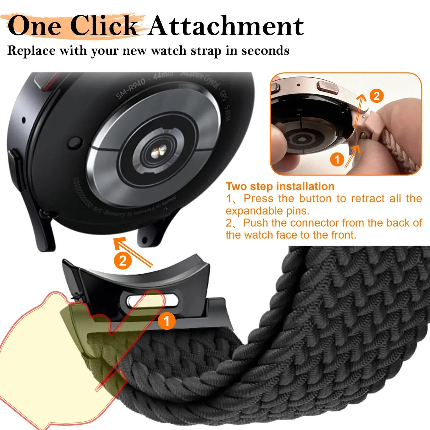 Compatible with Samsung Galaxy Watch Band Galaxy Watch 6 Classic 5 Pro 45mm 47mm 43mm 44mm 40mm Magnetic Braided Strap Without Gap Black