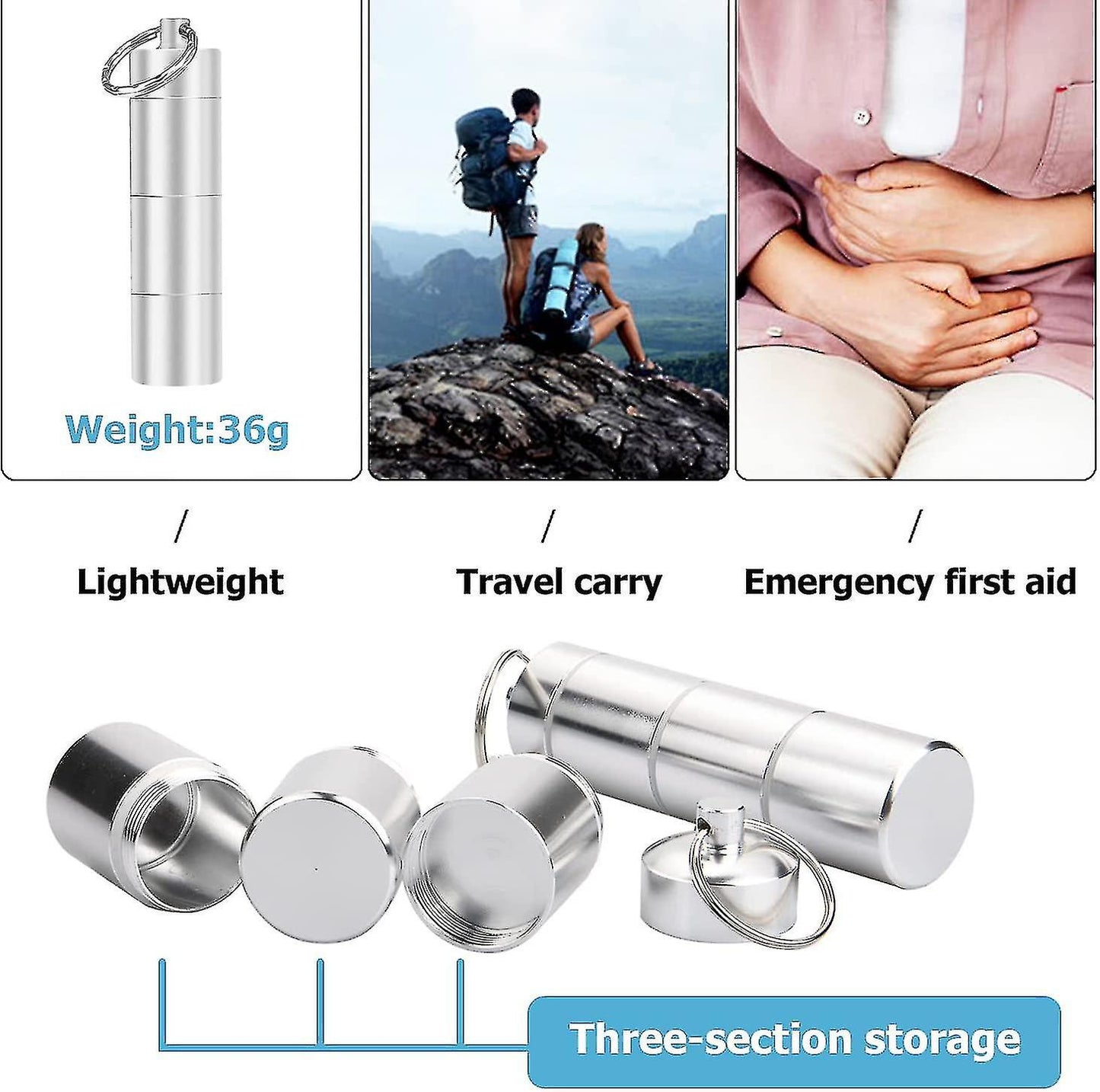 2 Pieces Aluminum Pill Box Portable Pill Organizer 3 Compartments Metal Pill Case Pocket Gift