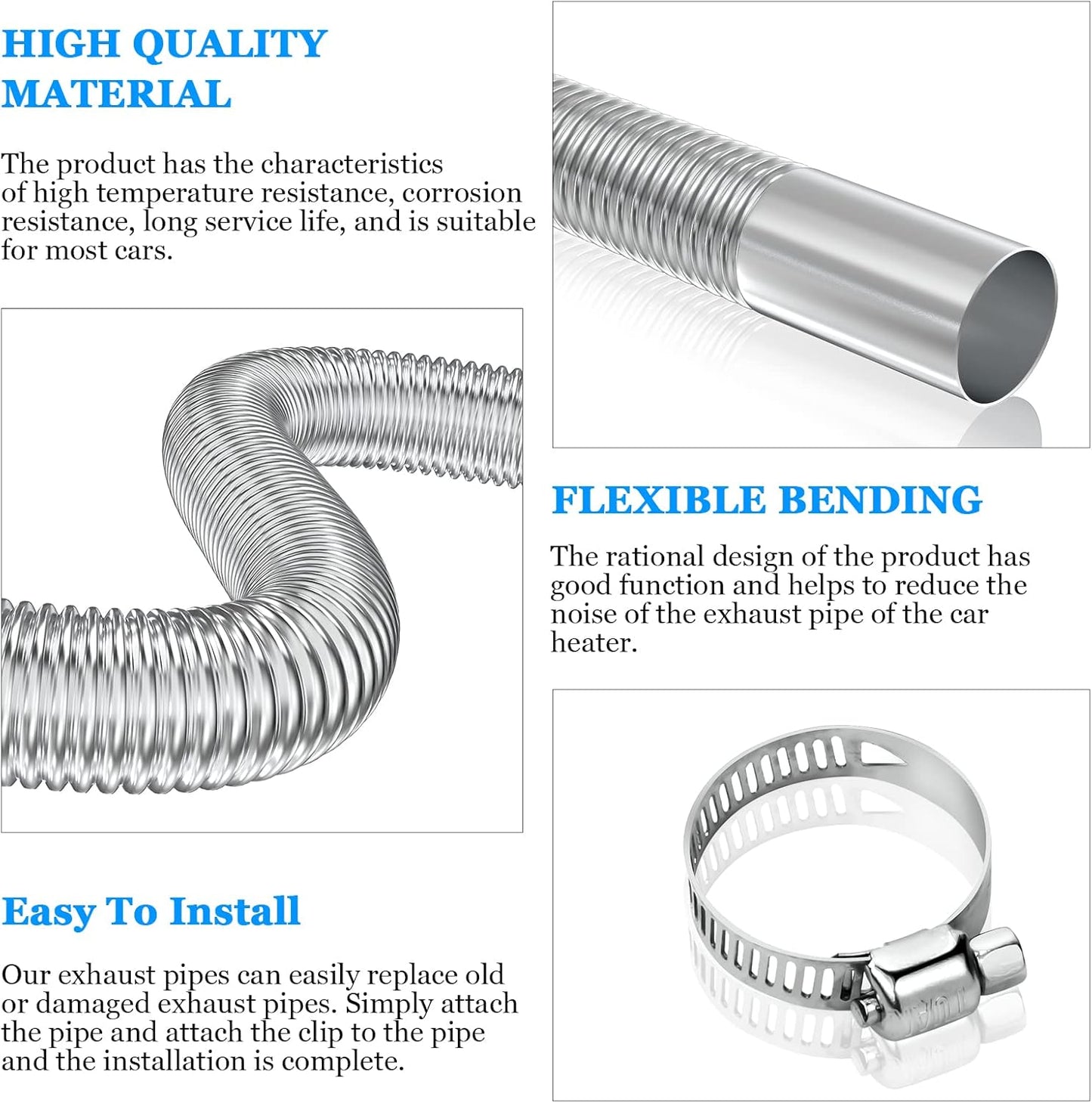 Exhaust Pipe for Parking Heater 60cm Stainless Steel with 2 Clamps Compatible with Diesel Heaters