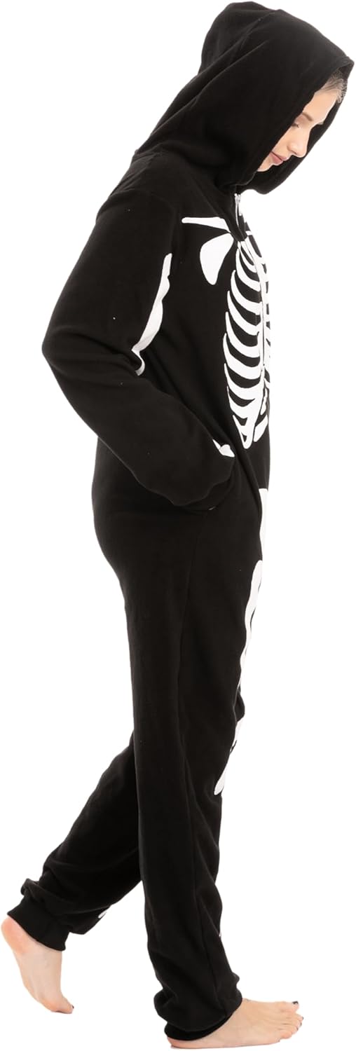 Unisex Skeleton Onesie Pajamas Plush Skeleton Jumpsuit Zipper Halloween Hoodie Pajamas for Adults Sleepwear Costume Black XL