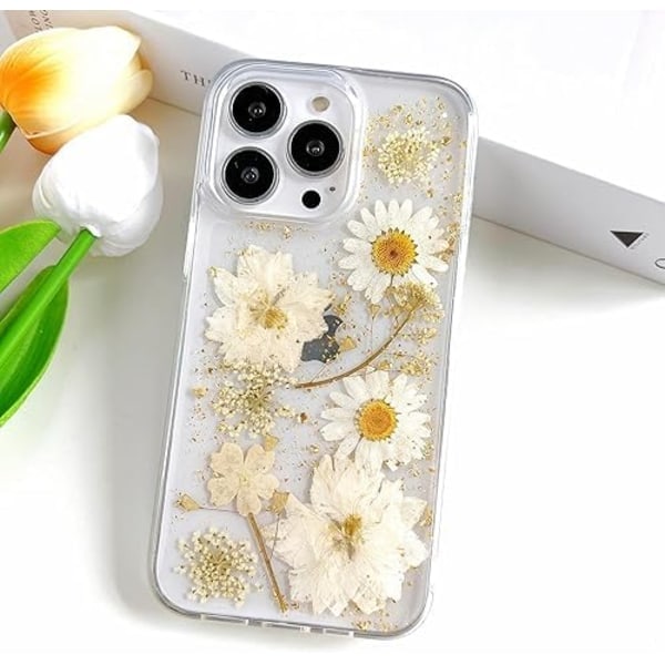 iPhone 16 Plus Case with Real Flowers Design, Transparent Glitter Floral TPU Slim Soft Protective Case for Women