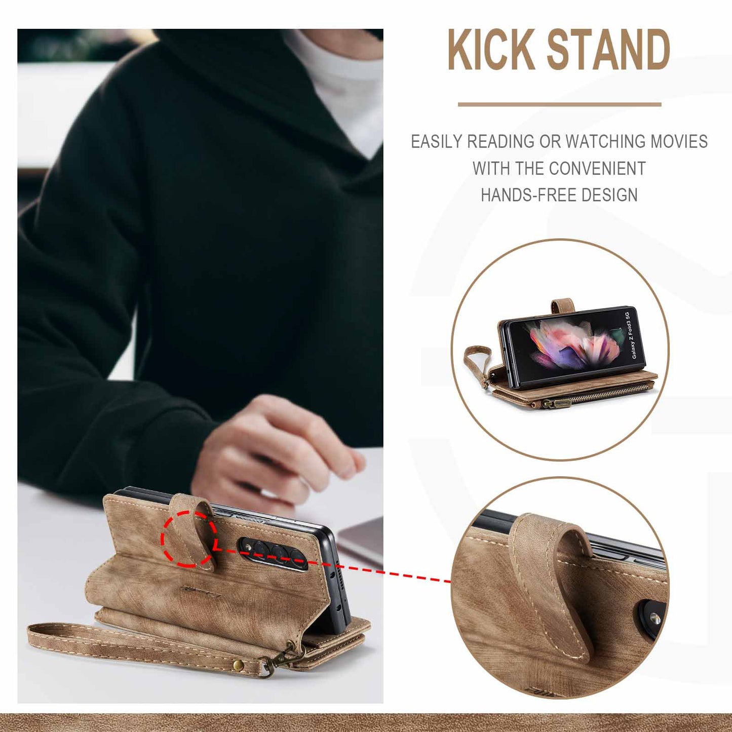 Compatible with Samsung Galaxy Z Fold 3 Case, Samsung, Retro Wallet Design, Card Slots, Magnetic Stand \u0026 Strap