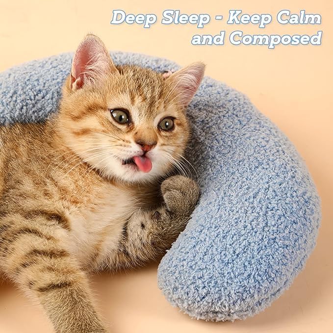 Comforting Cat Pillow for Anxious Dogs, Soft U-Shaped Dog Bed with Plush Toy for Better Sleep