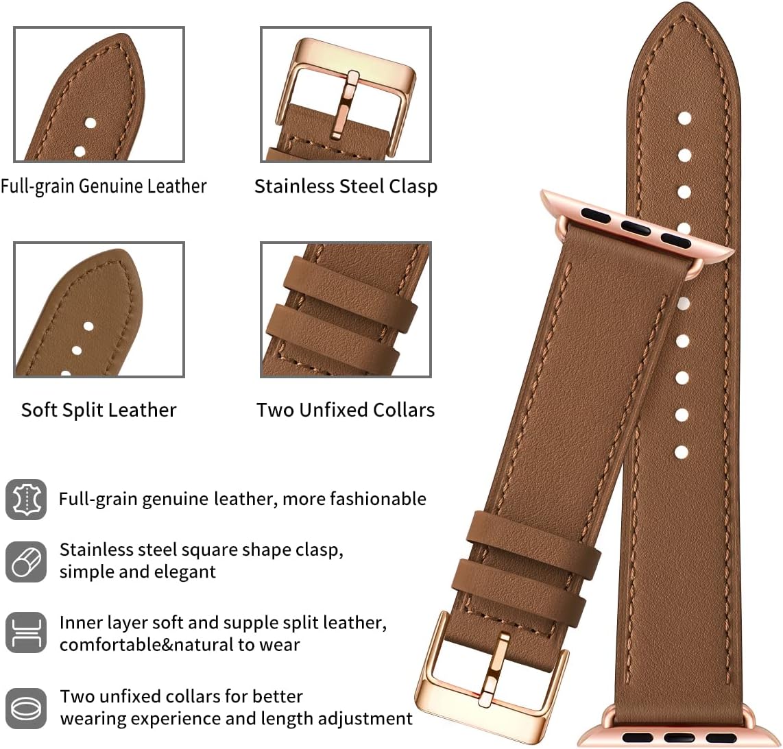 Compatible with Apple Watch Leather Strap Replacement Band Apple Watch Series 9 8 7 6 5 4 3 2 1 SE Ultra 38mm 40mm 41mm Brown