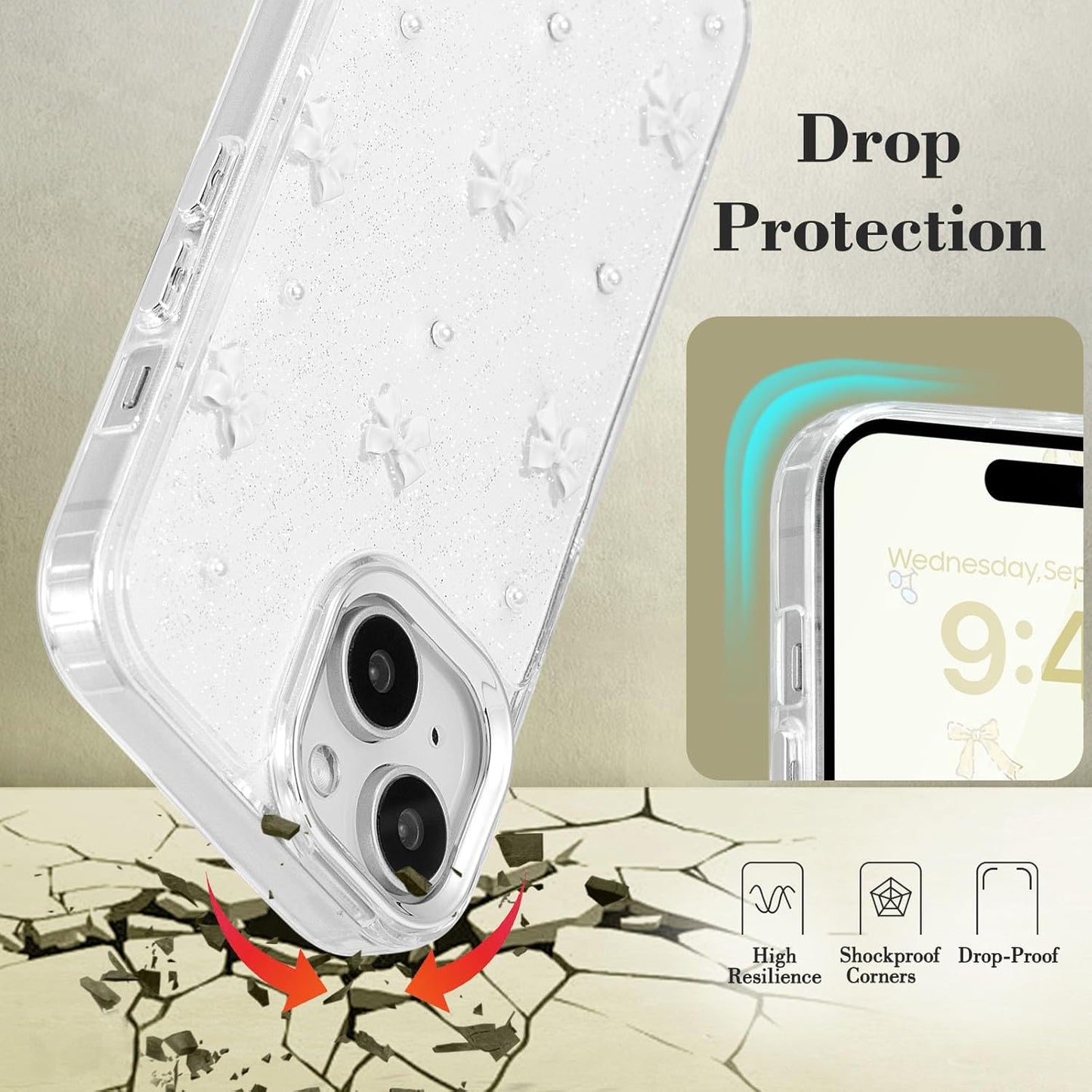 iPhone 15 Plus Case, Bling Glitter 3D Bowknot Protective Cover, Crystal Clear Sparkly White Slim Soft Durable Case Compatible with iPhone 15 Plus
