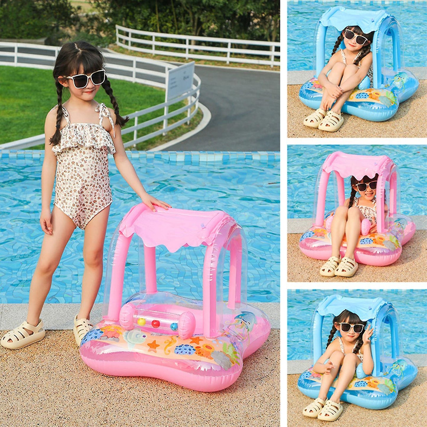 Baby Swim Ring Inflatable Pool Float with Handle UPF 50+ Sun Protection for Children 3 to 36 Months Blue