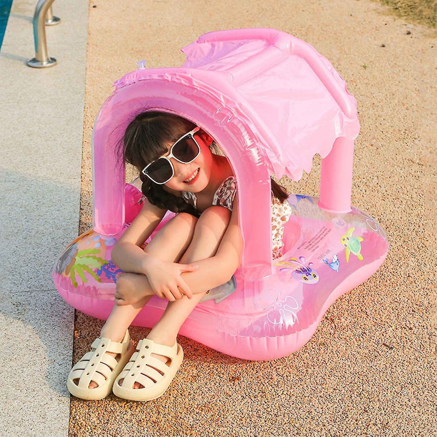 Baby Swim Ring Inflatable Pool Float with Handle UPF 50+ Sun Protection for Children 3 to 36 Months Blue