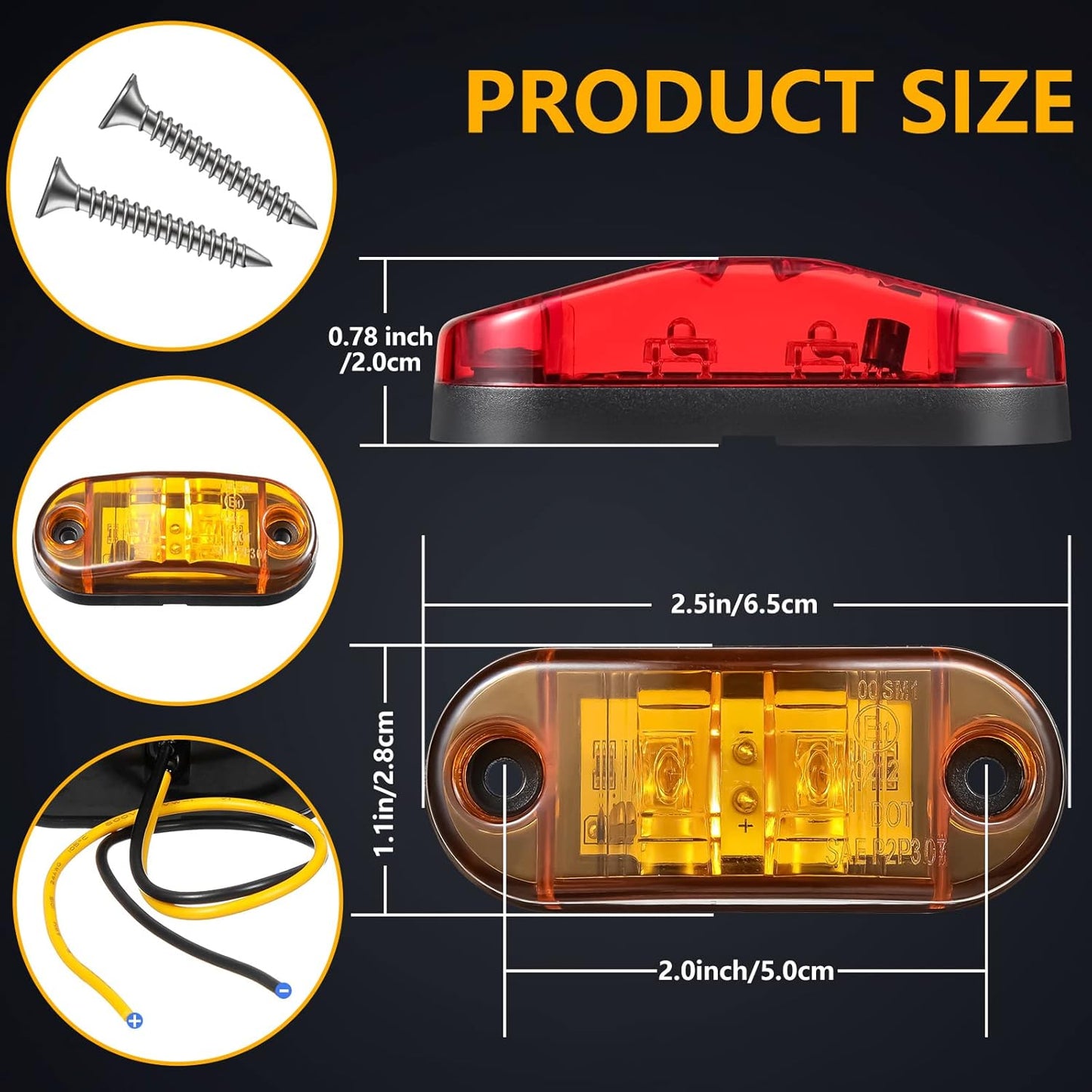 10 Pcs 2.5 Inch LED Trailer Lights 2 Diode Waterproof LED Trailer Side Marker Lights Oval Signal Running Lights For Truck Boat RV(Amber, Red)