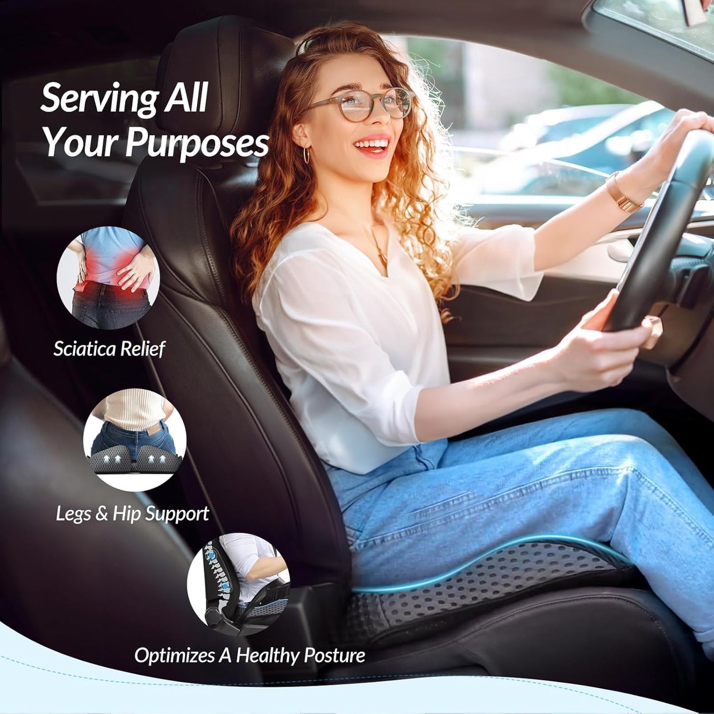 Wedge Car Seat Cushion for Driving, Innovative Seat Cushion with Honeycomb Gel & Memory Foam for Enhanced Breathability & Support, Car Cushions for Hip Pain Relief, Improve Vision/Posture, Black