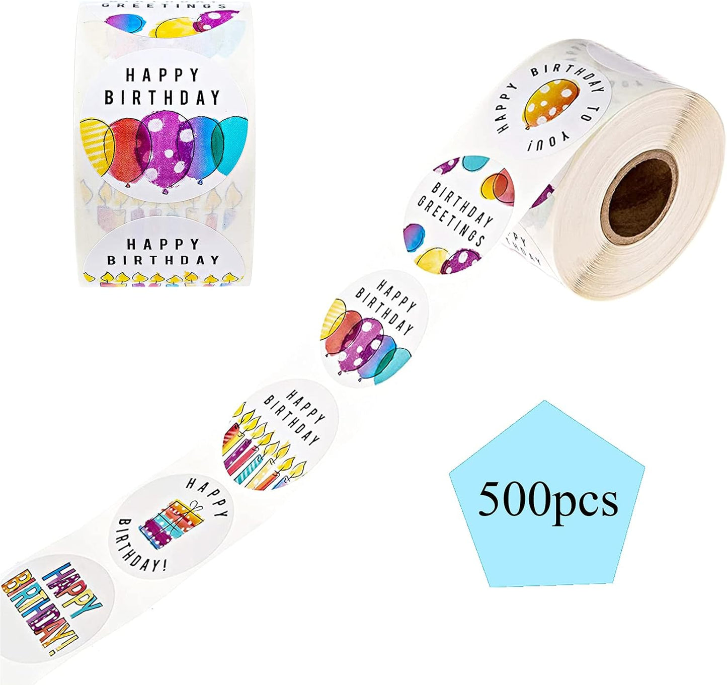 Happy Birthday Stickers, Round Happy Birthday Stickers,Waterproof Self Adhesive Stickers Happy Birthday with 500 pcs Round Label Rolls (1.5" Round - 500 Labels Per Roll) for Kids Party Decoration
